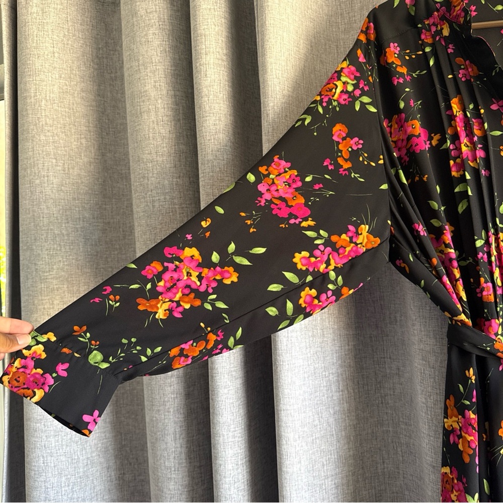 NANETTE women’s 18 W black dress floral knee long sleeve button tie belt color‎ - Picture 3 of 16